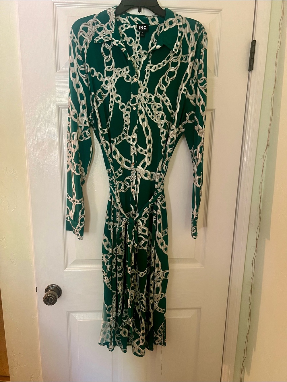 INC International Concepts Green Chain-Print Long Sleeve Dress Size XL